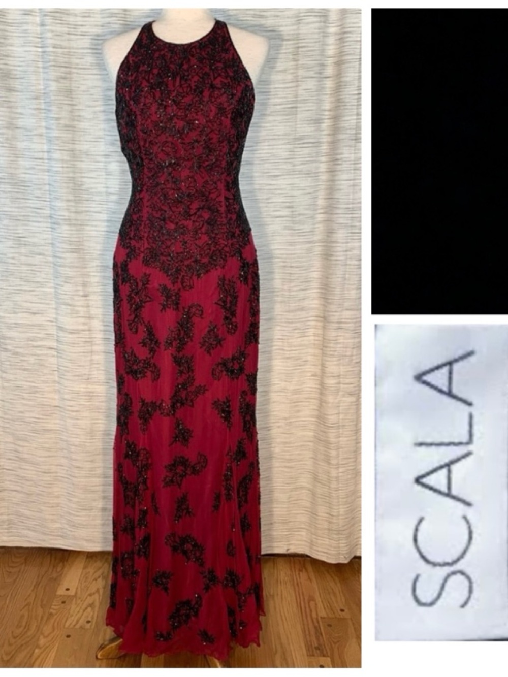 Scala Scarlet with Black Floral Beads Evening Dress.